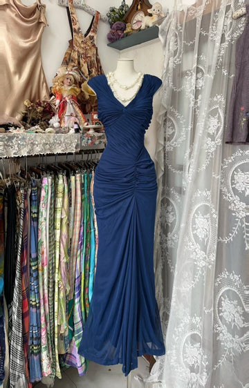 Fashion Mermaid V Neckline Navy Blue Floor Length Evening Dress Prom Dresses SD1881 HZ0628